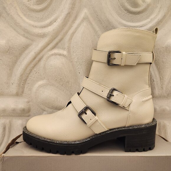 Kenneth Cole Reaction Boots Size 6 Ivory Tate Biker Jewel Faux Leather. NIB - Picture 2 of 15